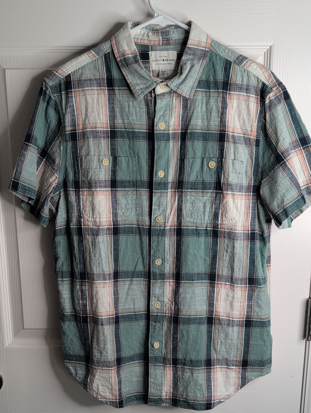 Lucky Brand 100% Cotton Short-Sleeve Plaid Button-Down in Teal and White Size M